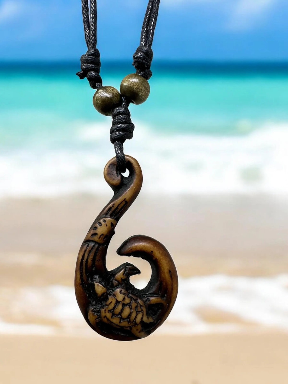 Wave Pendant Necklace – Turtle Carving | Resin Surfer Boho Jewelry Adjustable 18
