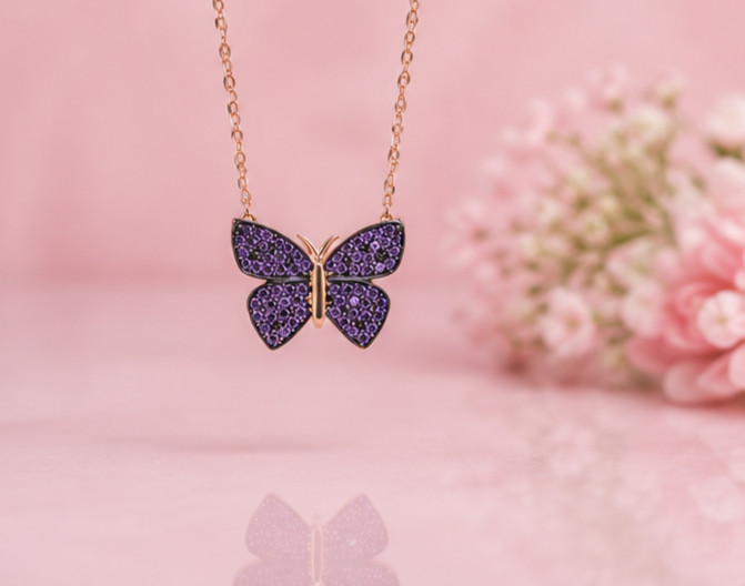 2Ct Round Simulated Amethyst Butterfly Pendant Necklace 14K Yellow Gold Plated