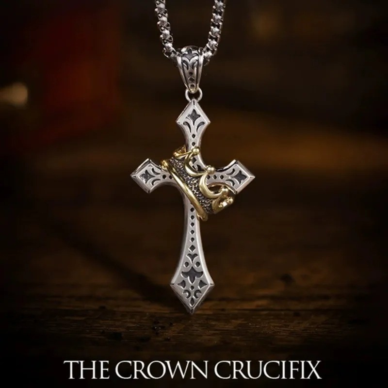 Mens Stainless Steel Cross Necklace with Gold Crown Pendant Christian Jewelry US