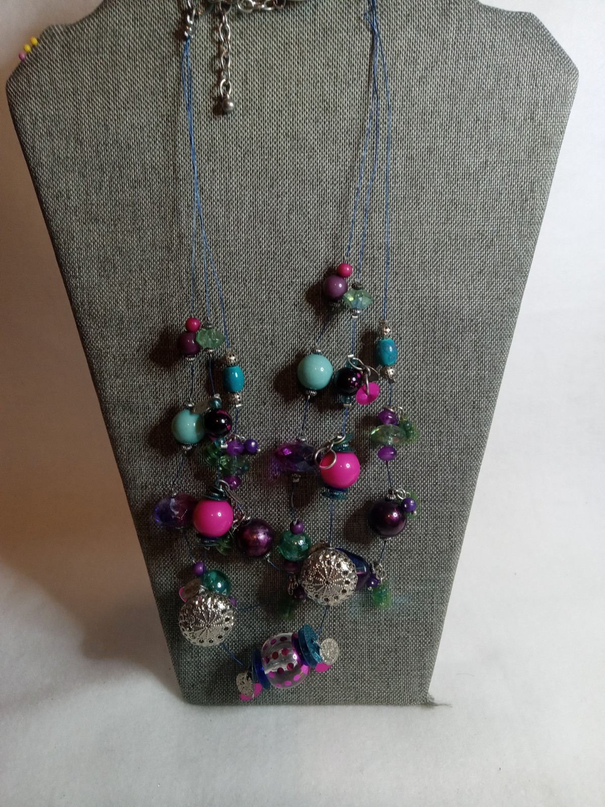 Multicolor Beaded Silver Accent Beads Layered Statement Glass & Sequin Necklace