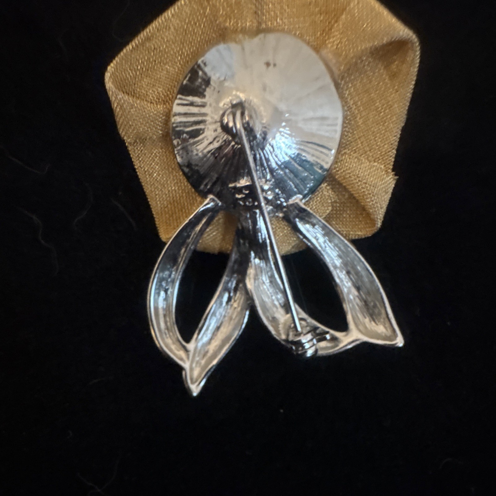 Avon Signed Fabric Rose Flower Brooch Pin, Gold Tone, Silver Tone Leaves