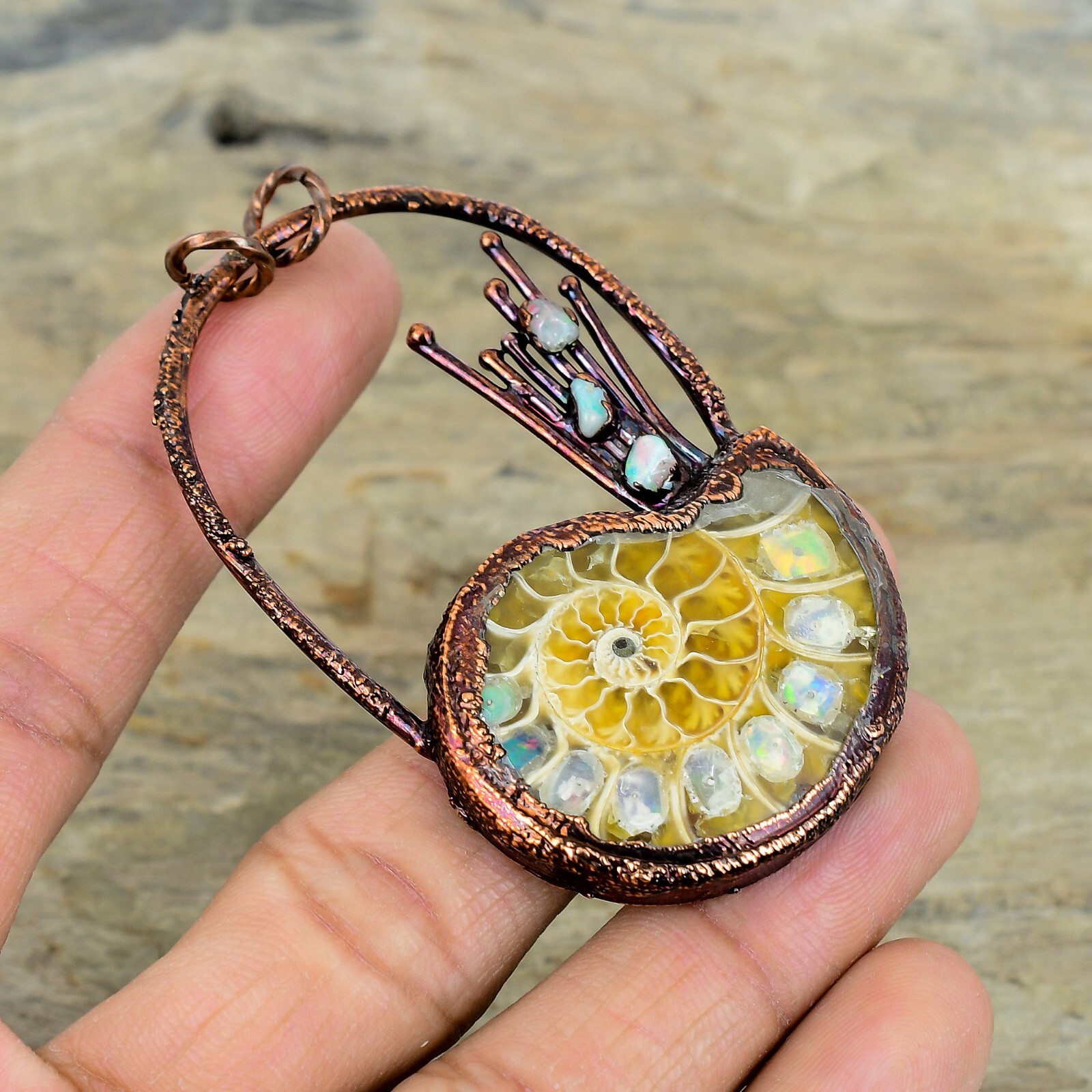 Natural Ethiopian Opal In Ammonite Fossil Birthday Electroformed Pendant Copper