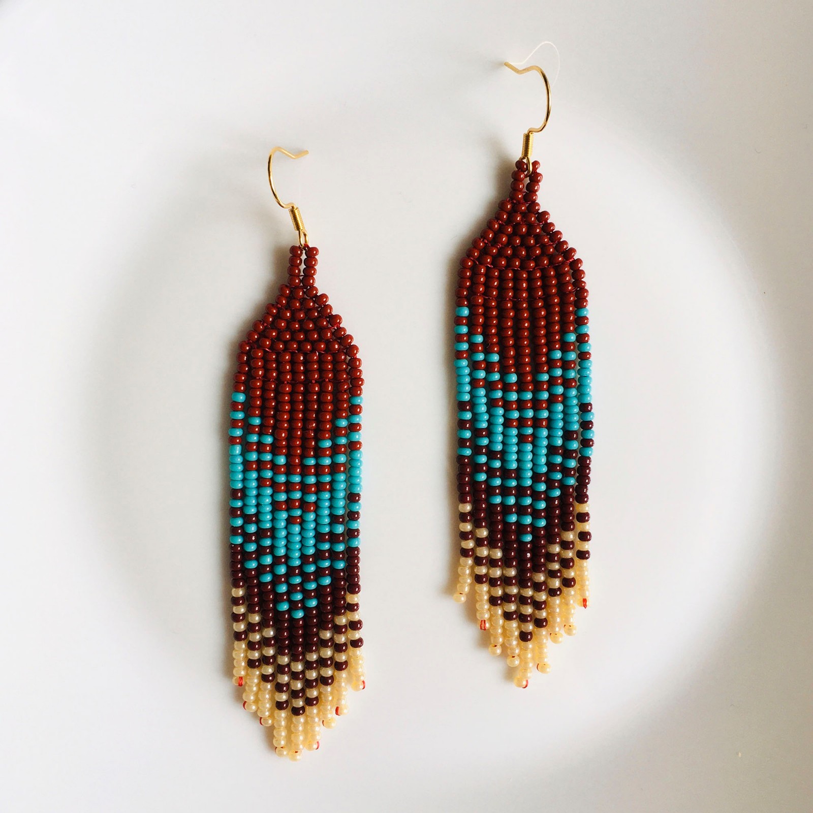 Brown Turquoise Beaded Fringe Earrings, Handmade Southwestern Boho Jewelry