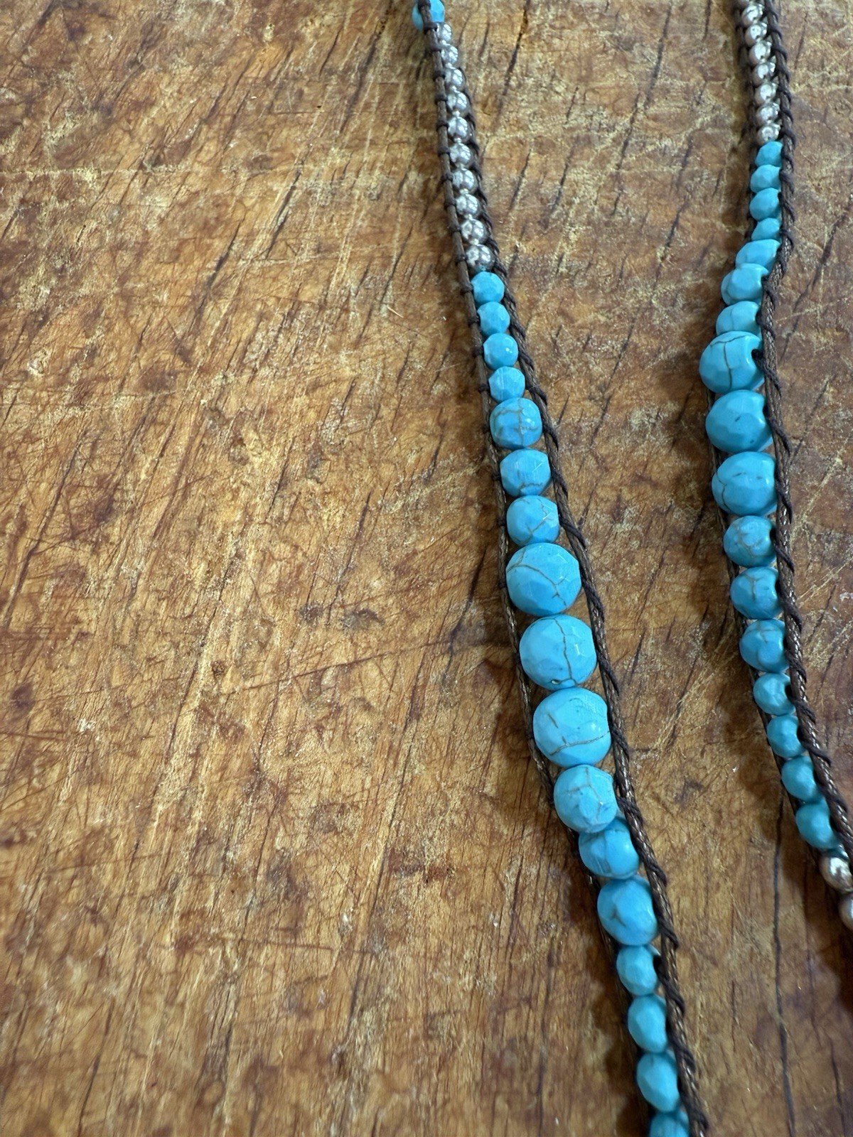 Blue Turquoise Round Beaded Rope Necklace Adjustable No Clasp Bohemian Theme