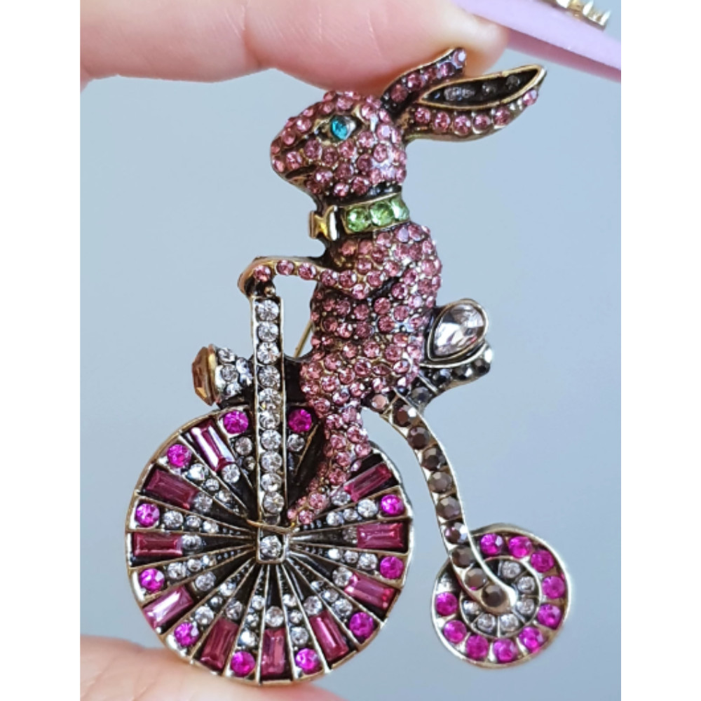 Easter Spring Bunny Brooch Rhinestone Riding Rabbit Animal Pin Gift Jewelry USA