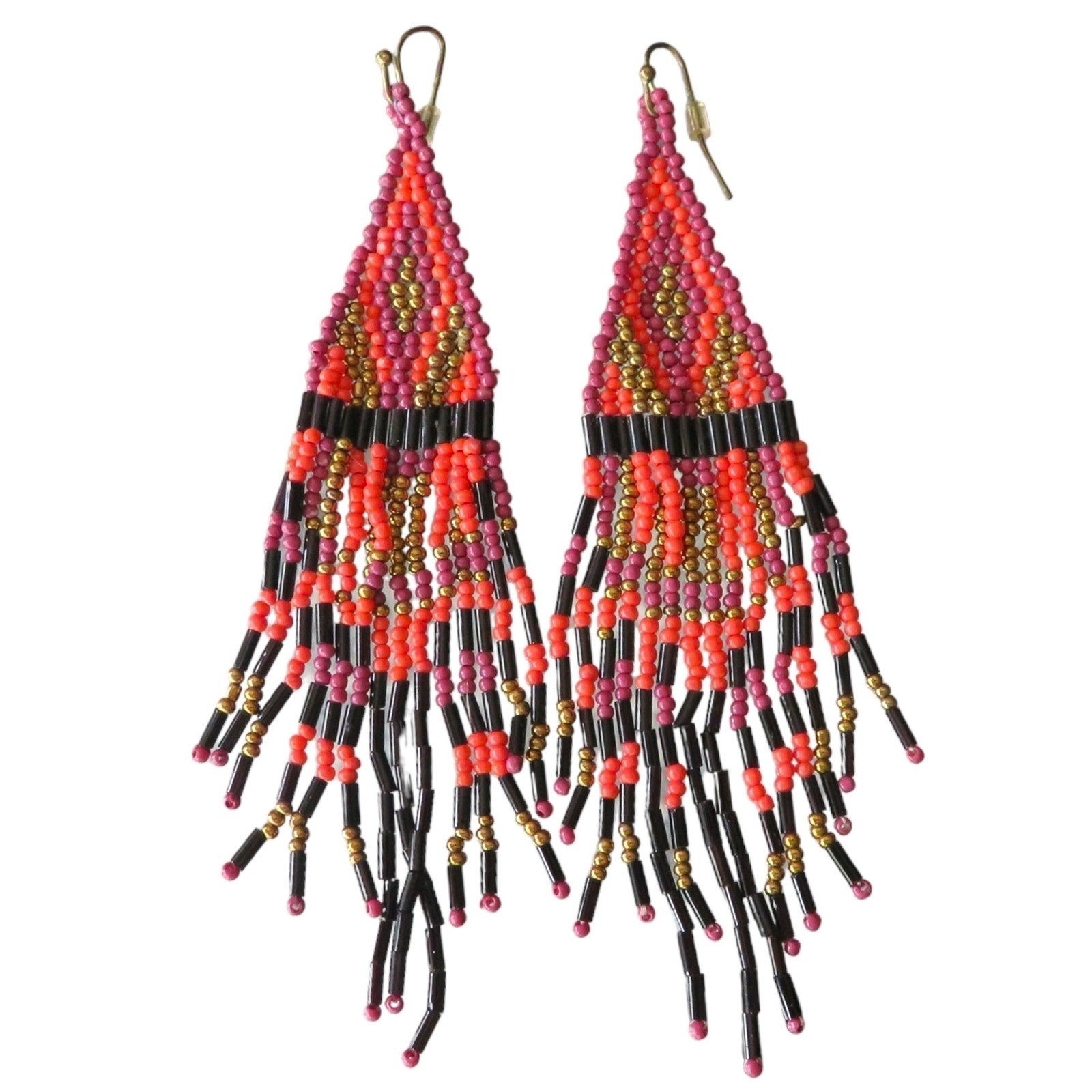 Boho Handmade OOAK Beaded Hanging Earrings Long Lightweight Pink Orange Black