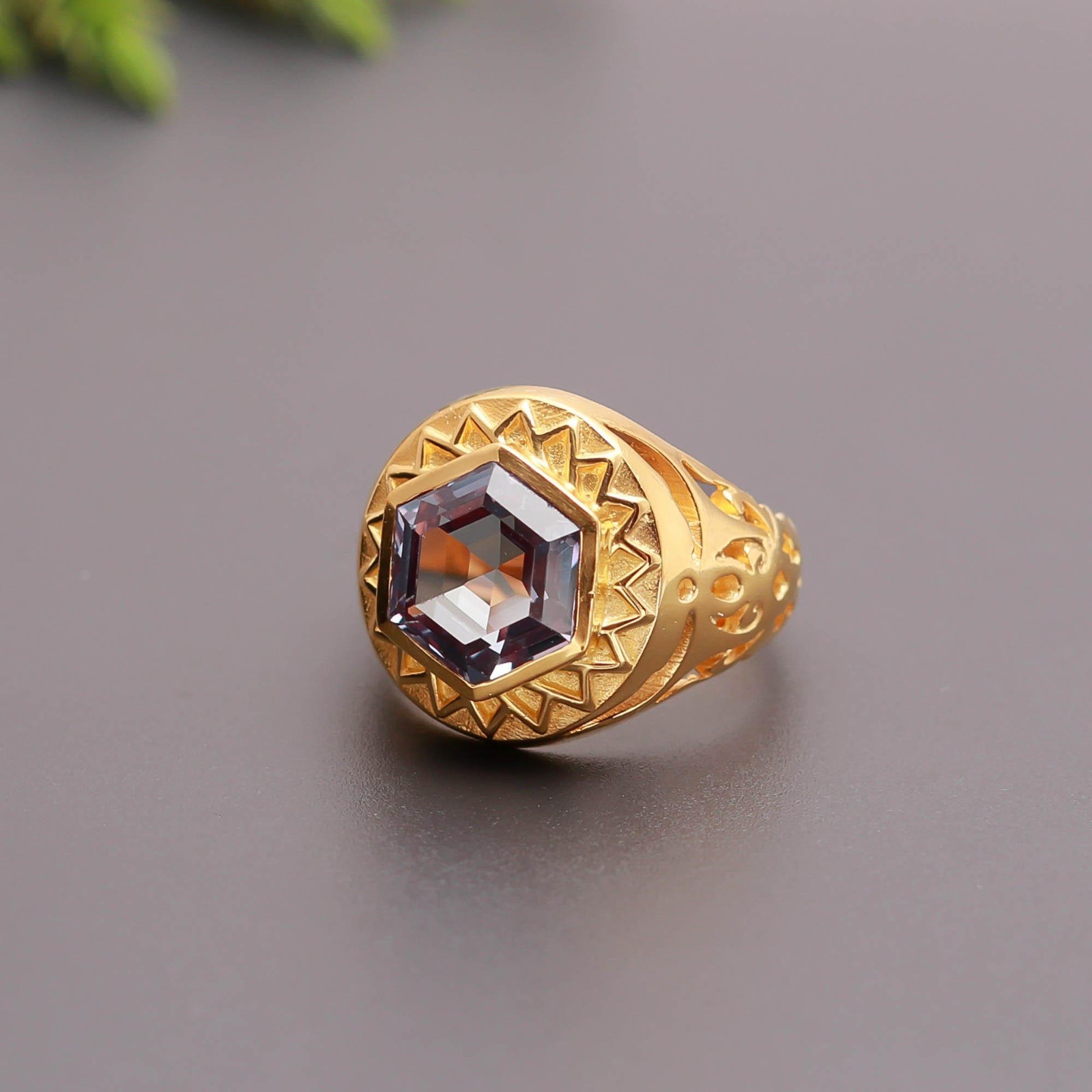 Color Changing Alexandrite Hexagon Ring 925 Sterling Silver Gold Plated Jewelry