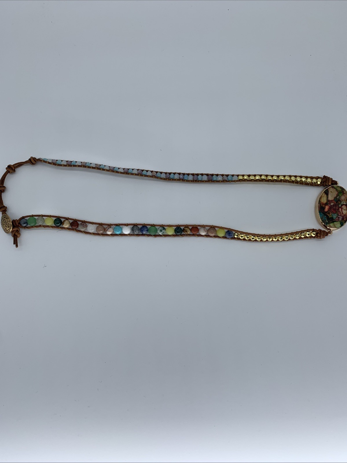 Handmade Beaded Leather Wrap Necklace Bohemian Style. See Photos Flaw In Pendent