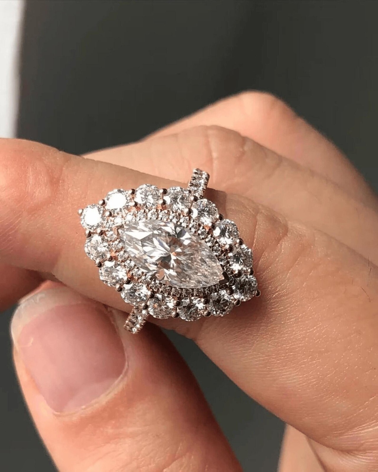 1.25CT Marquise Cut Moissanite Halo Engagement Ring, Half Eternity Wedding Ring