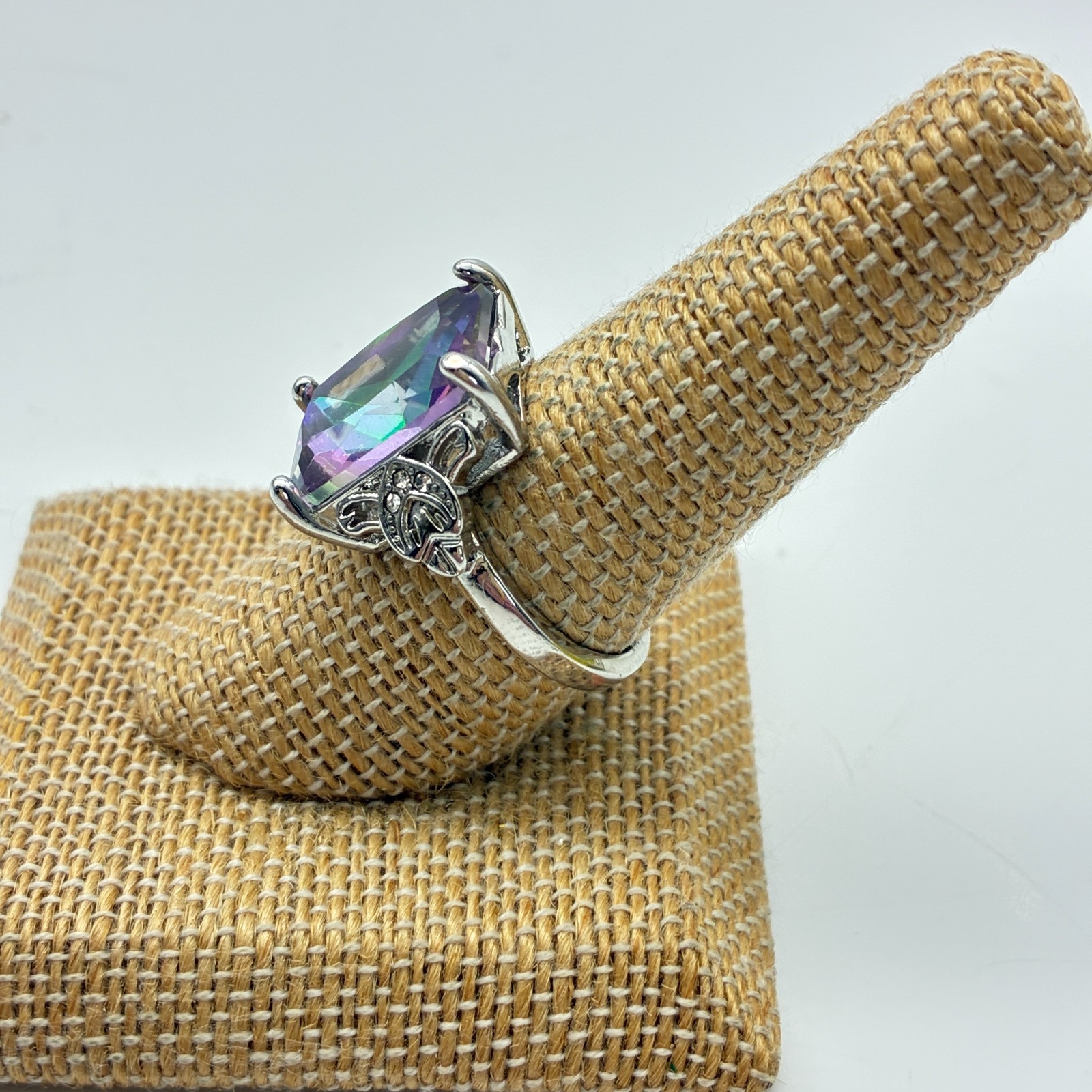 Aurora Borealis Crystal Cocktail Ring Silver Tone Filigree Statement Ring
