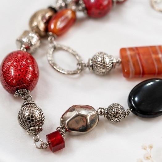 Boho Mixed Media Statement Necklace Orange Black Silver Beaded Chunky Long Line