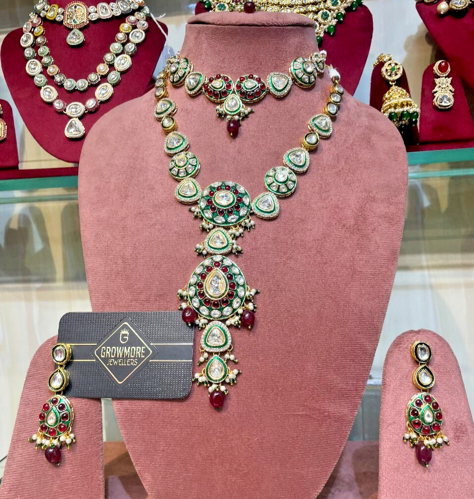 Classy Bollywood Kundan Polki Necklace Set with Ruby and Emerald green stone