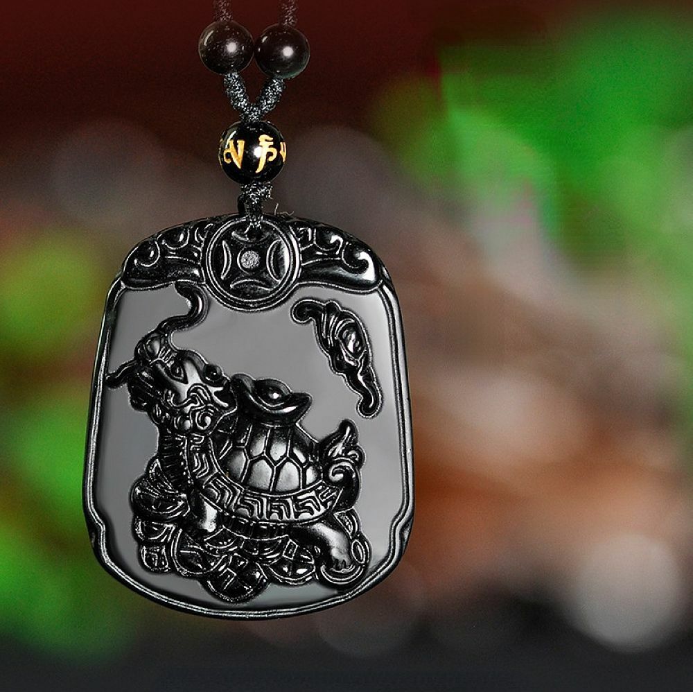 Natural Black Obsidian crystal dragon turtle Necklace pendant bead with chain