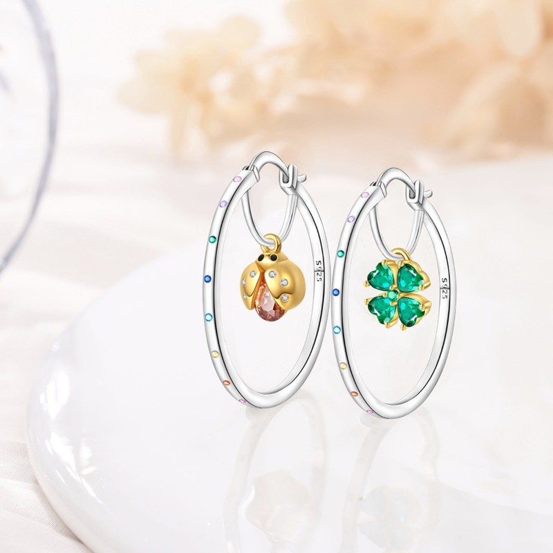KUNSIR 925 Sterling Silver Four-Leaf & Enamel Ladybug Shiny Large Hoop Earrings
