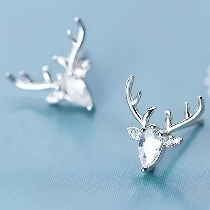 Minimalist Cute Deer Horn Fashion Earrings Zirconia Inlay Silvery