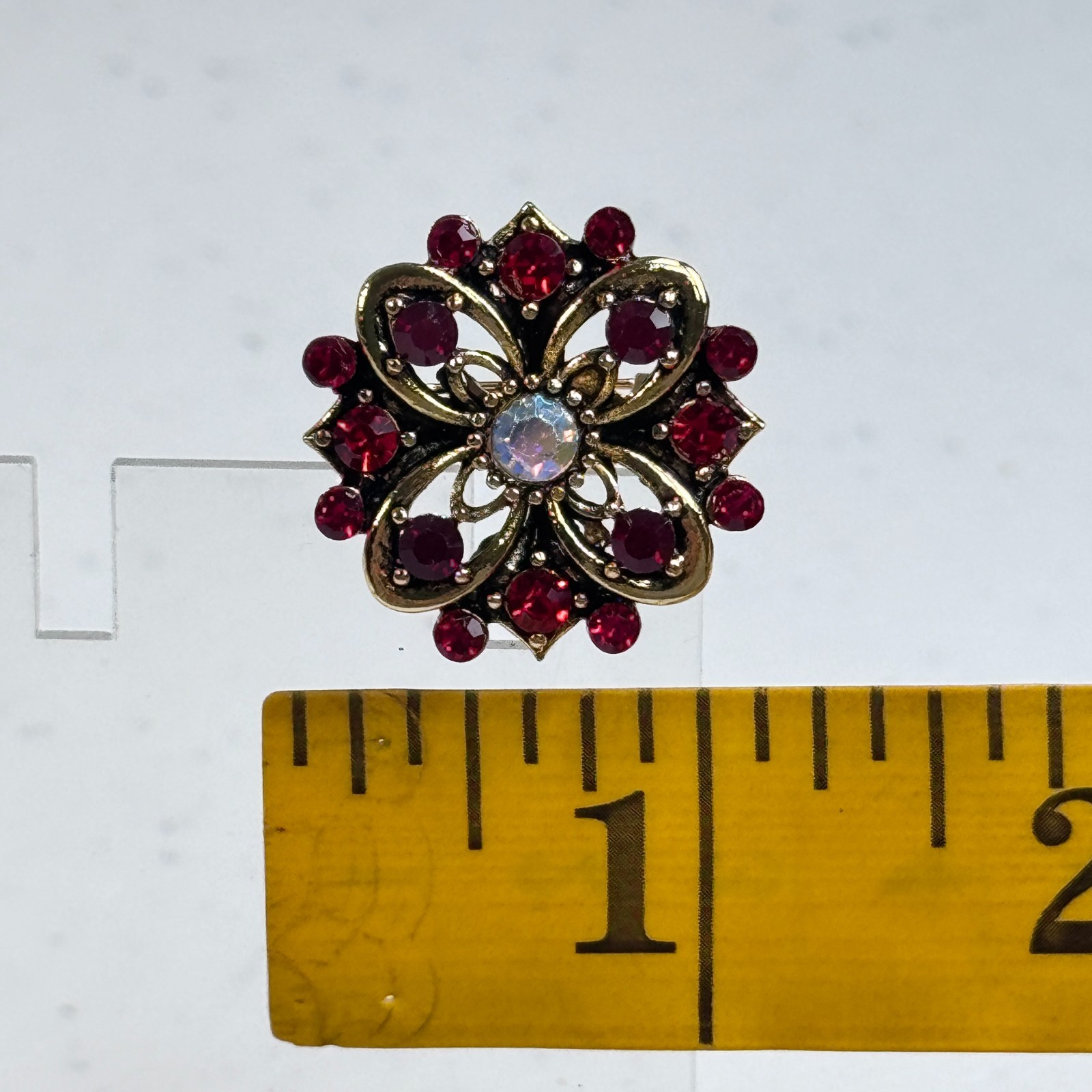 Brooch Red Rhinestone Aurora Borealis Floral Gold Tone Layered Flower 1576-10