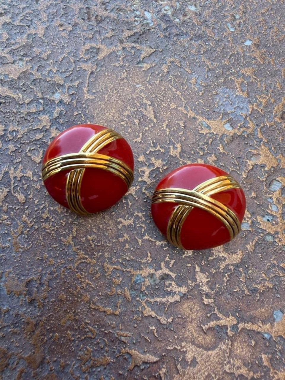 Monet Signed Red Enamel Gold Tone Crisscross Round Stud Earrings