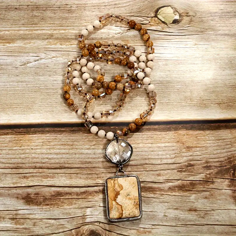 Boho Brown Pendant Necklace Colorful Natural Stone Beads Long Chain Women Gift