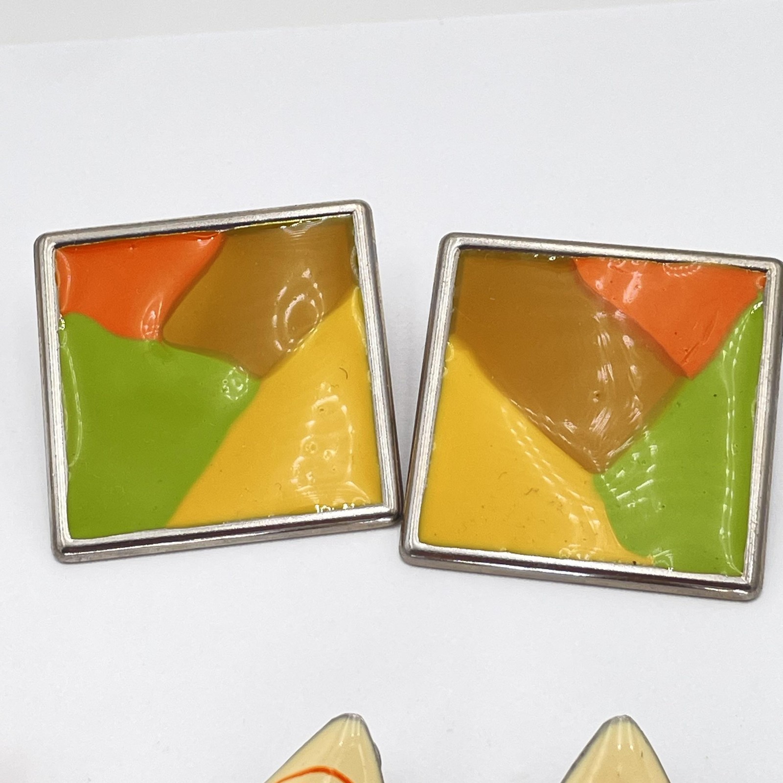 Vintage Retro Enamel Geometric Statement Earrings Lot Mixed Colors Artsy Pierced