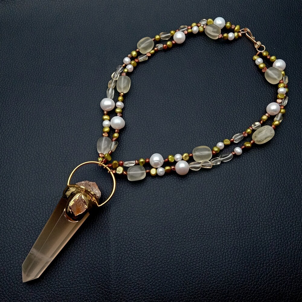 21″ 2 Rows White Pearl Brown Fancy Pearl Necklace Lemon Quartz Point Pendant