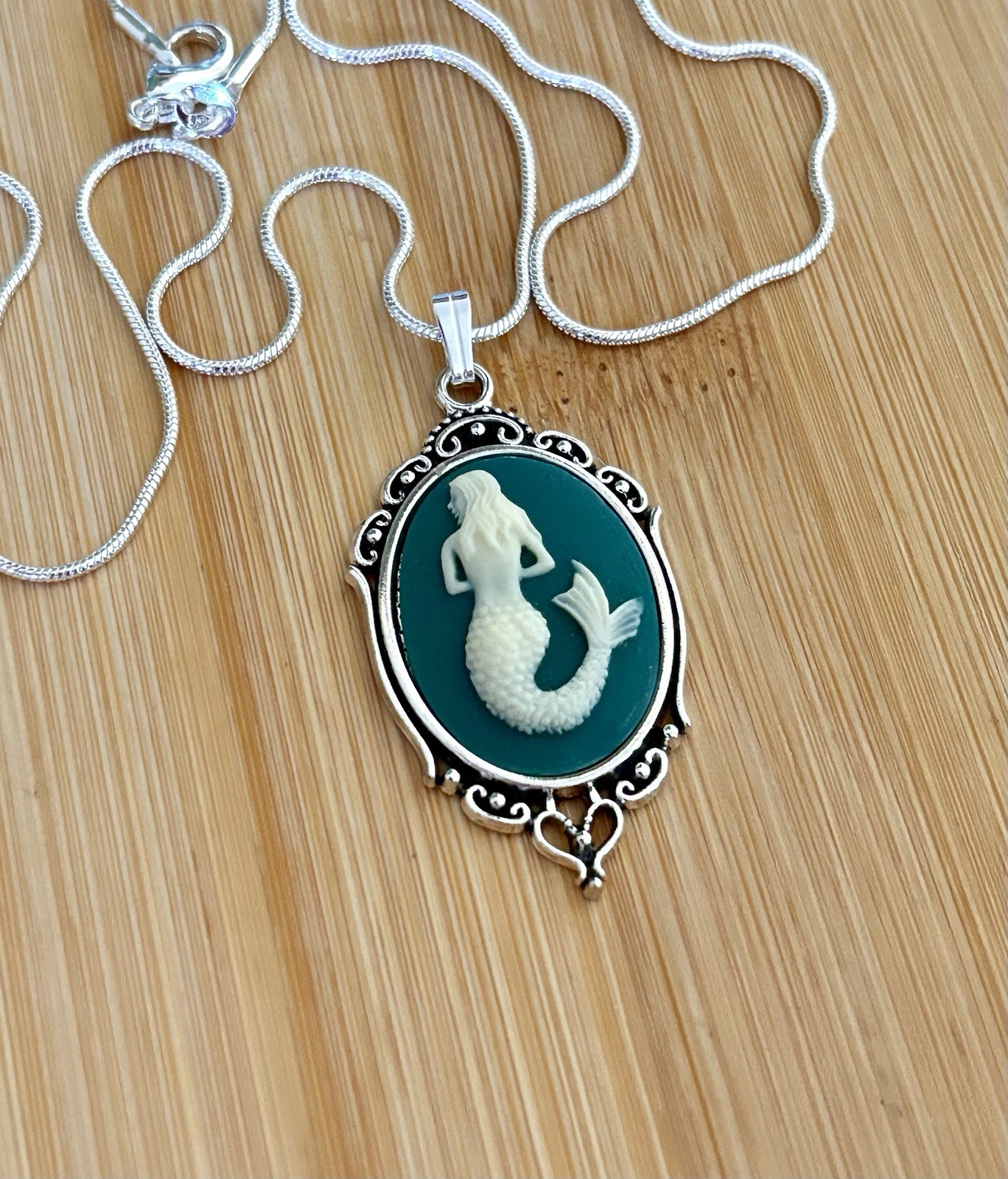 Ivory Mermaid on Teal Green Cameo Necklace Pendant, .925 Sterling Silver Chain