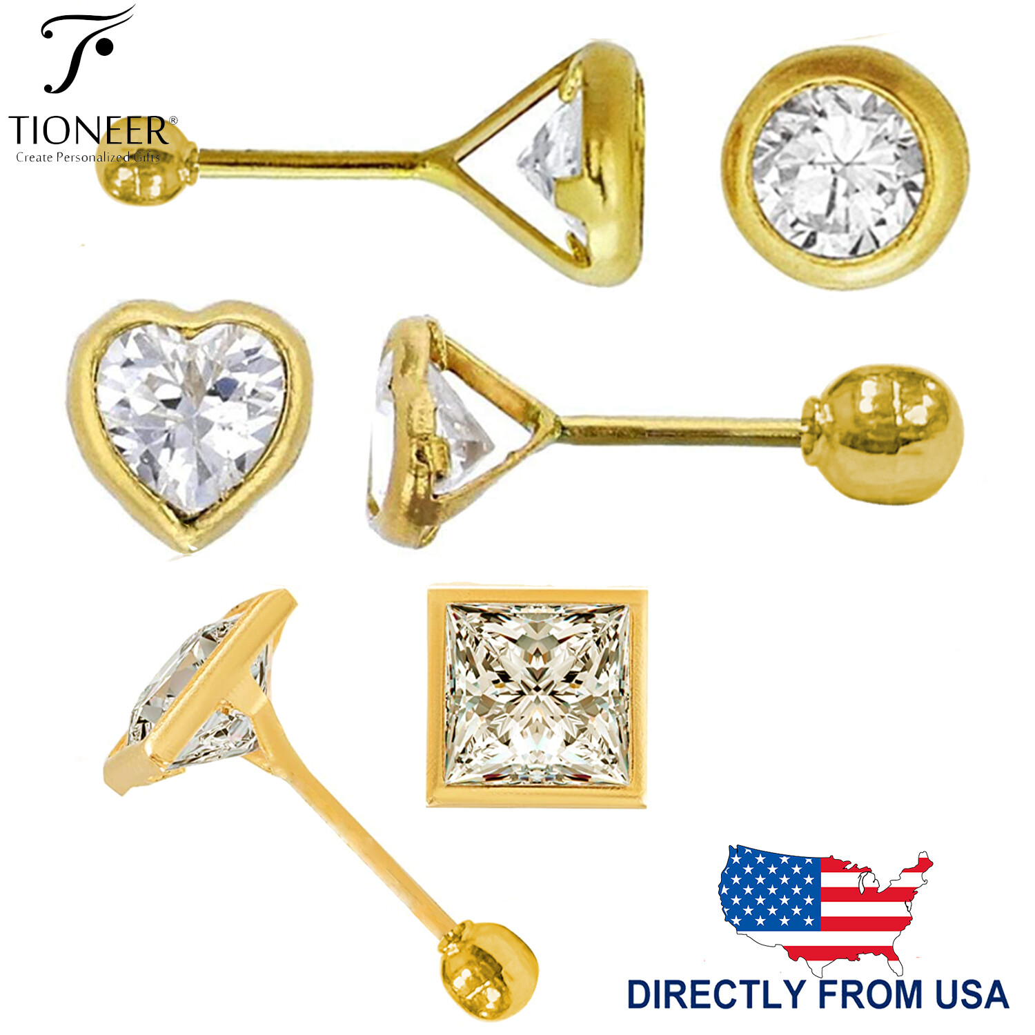 14K Gold Bezel Round Square Heart Cubic Zirconia Screw Back Stud Earrings 3-6mm