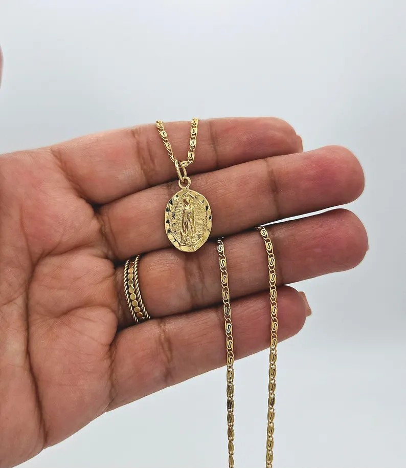 Gold Virgin Mary Necklace, Small Guadalupe Necklace, 14k Heavy Plated Gold