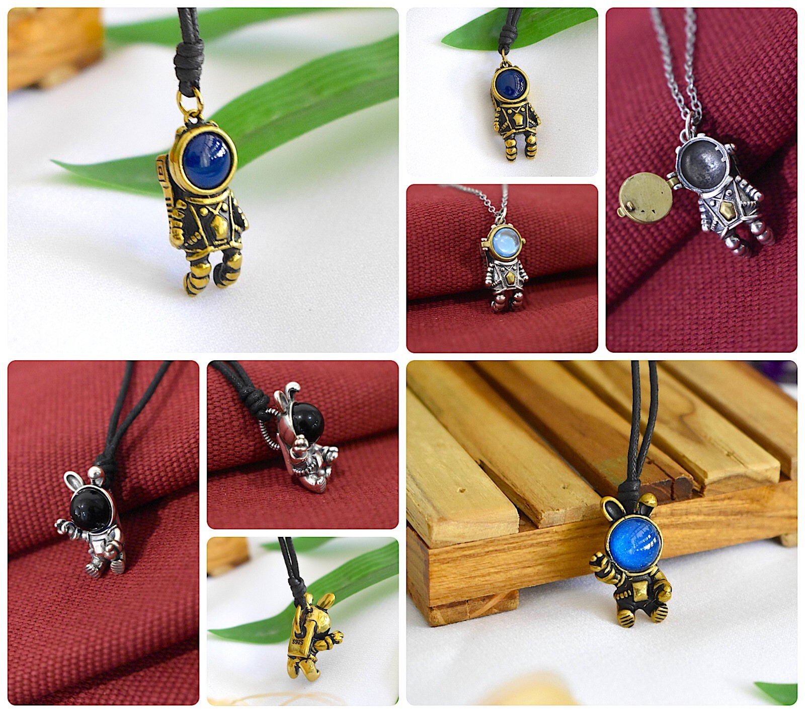 Cute Vintage Astronaut Pendant Sterling Silver Brass Charm Pendant Necklace