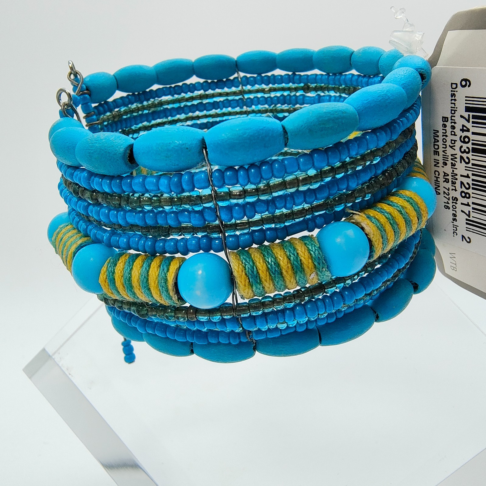 Boho Wood Bead Wire Cuff Bracelet Turquoise Color Southwestern Boho Style