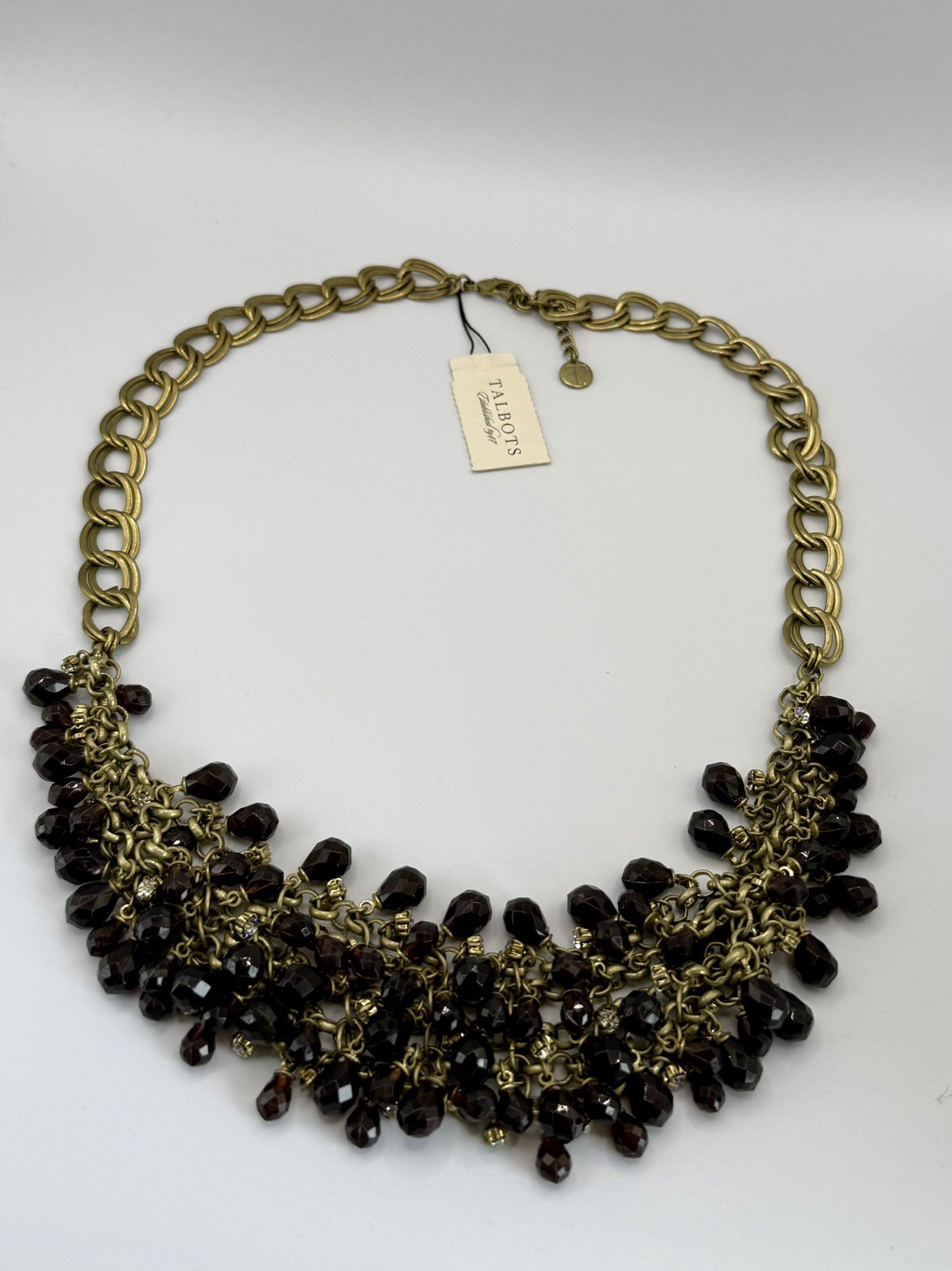 Talbots NWT Bib Statement Necklace Black Purple Glass Bead Rhinestone Gold Tone