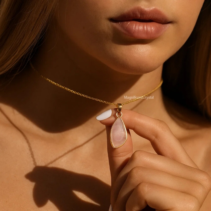 Minimalist Rose Quartz Teardrop Pendant Necklace Dainty Women Stone Jewelry