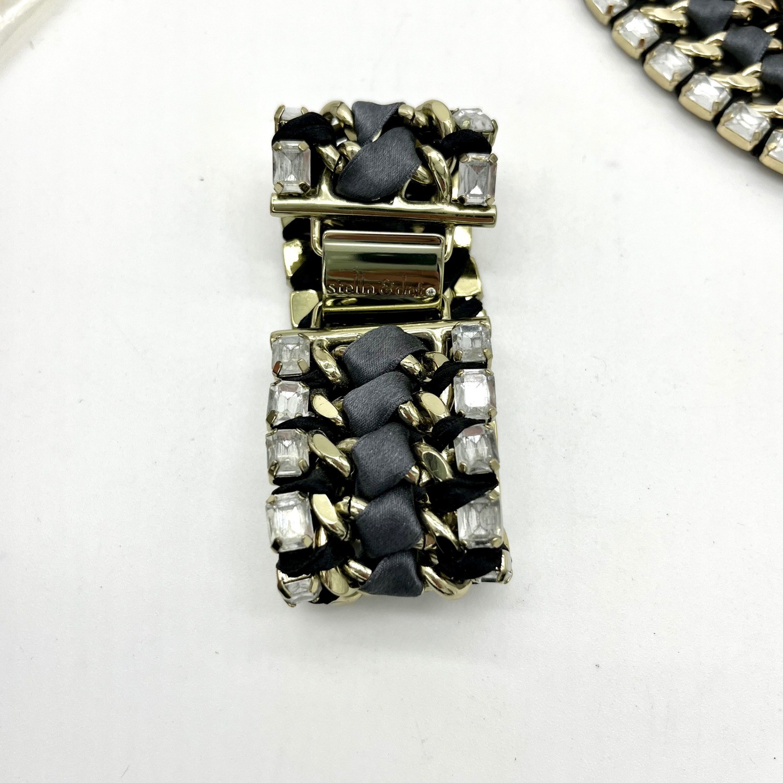 Retired Stella & Dot Bib Necklace & Bracelet Statement Chain Ribbon Rhinestone