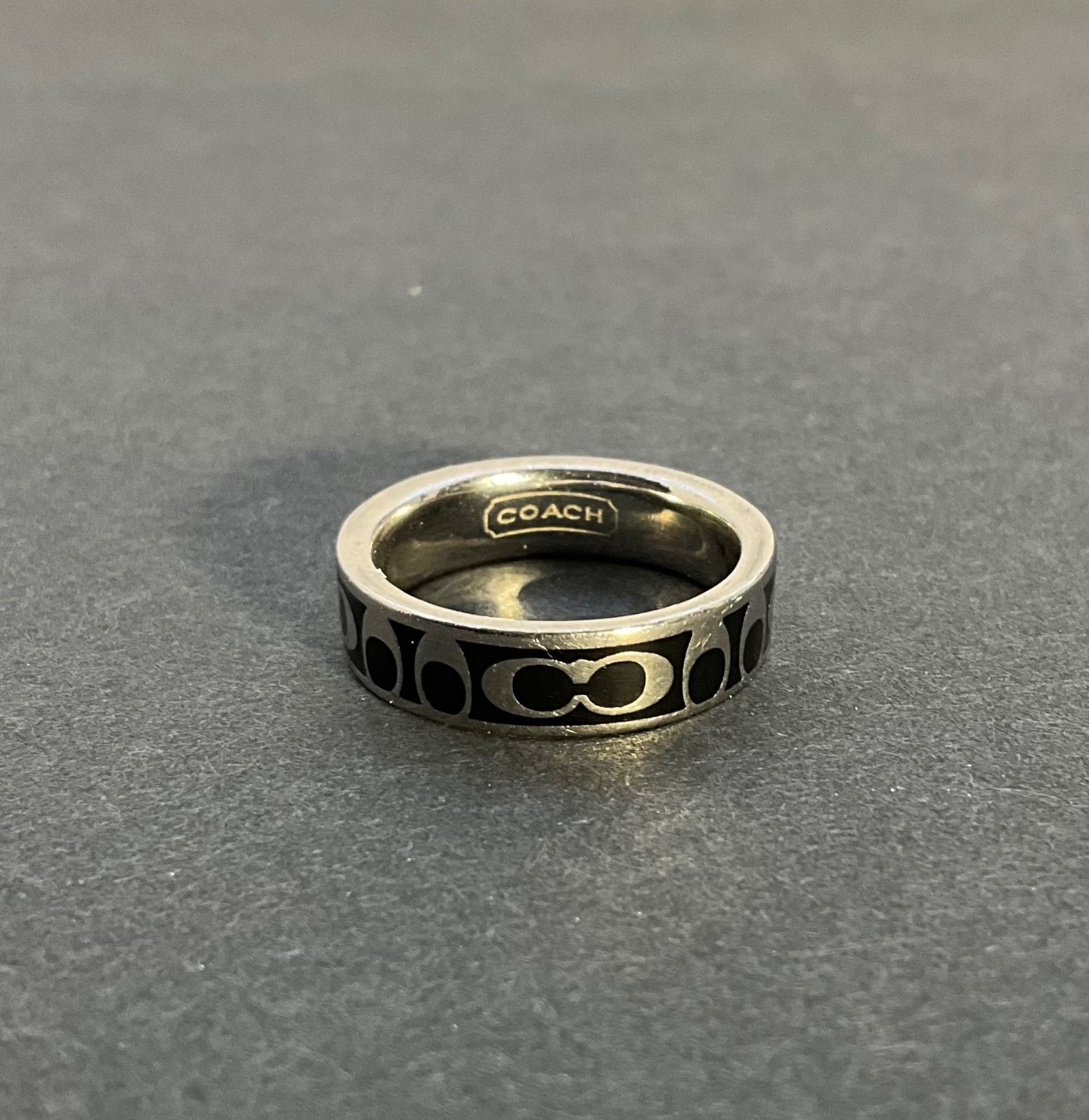 Coach Ring Black Enamel Logo Silver/black tone Ring Size 6