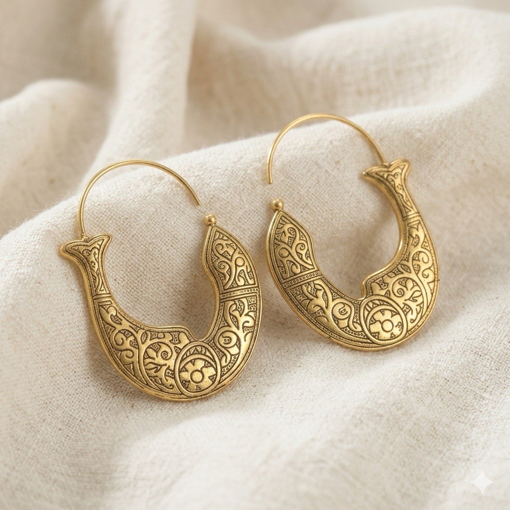 Chico’s Hoop Fish Earrings Gold Tribal Byzantine Etched Moroccan Crescent Boho