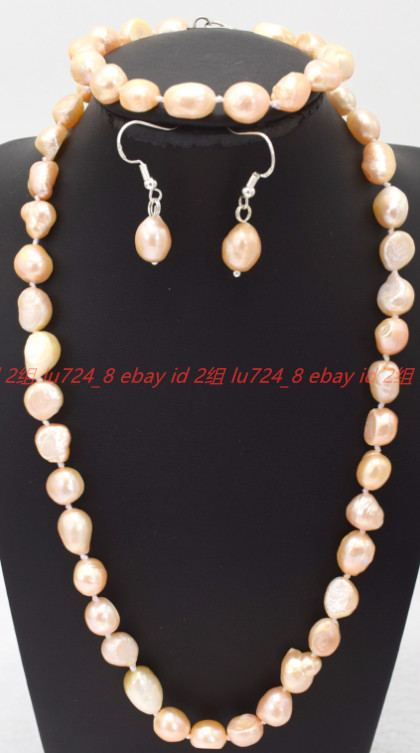 Natural 7-8/8-9/9-10mm Pink Baroque Pearl Necklace Bracelet Earring 18/7.5in