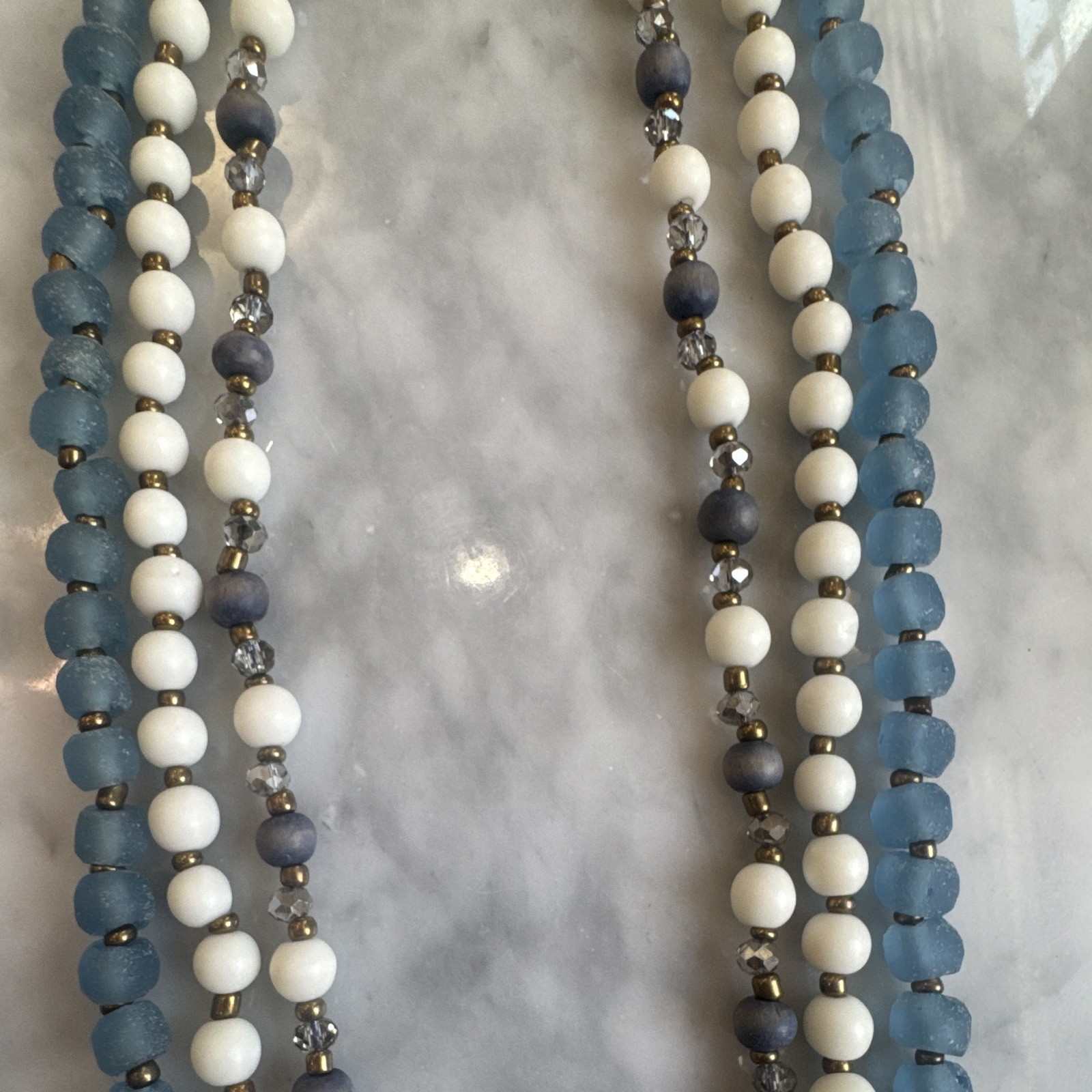 Blue White Gray Layered Beaded Necklace Round Beads Adjustable Tie Closure