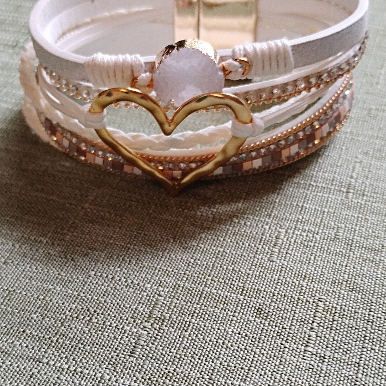 White Gold Wrap Multi-Strand Bracelet Heart Dangle Magnetic Clasp. 6092
