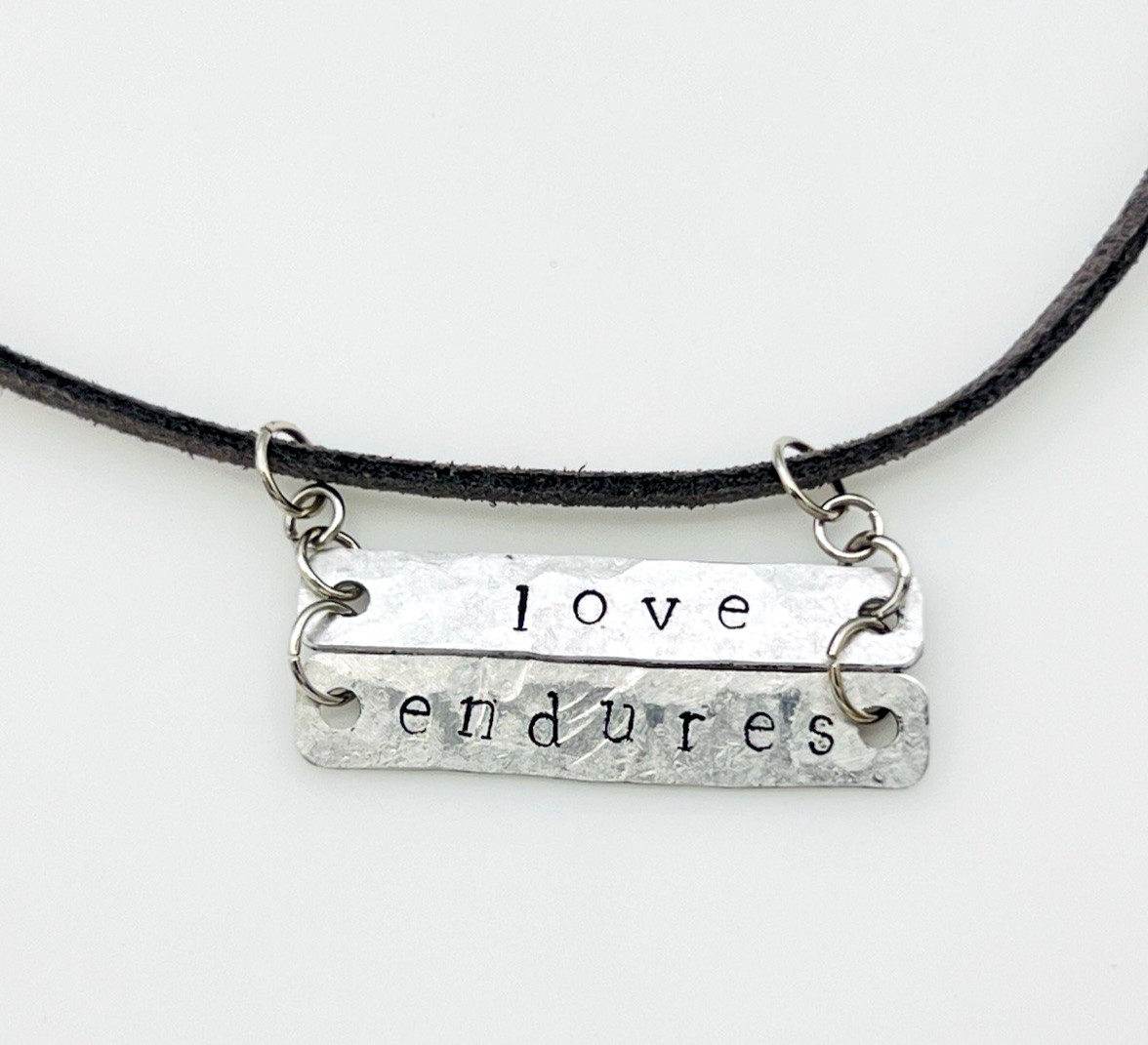 Distressed Aluminum Love Endures Gray Suede Choker Necklace 16 in