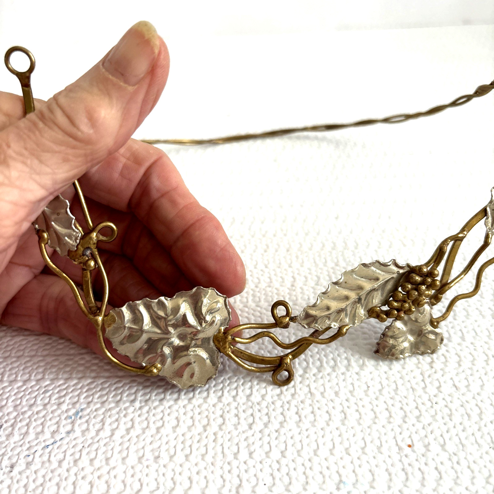 Two Tone Artisan Collar Necklace Gold Silver Color Leaf Grape Bunch Boho
