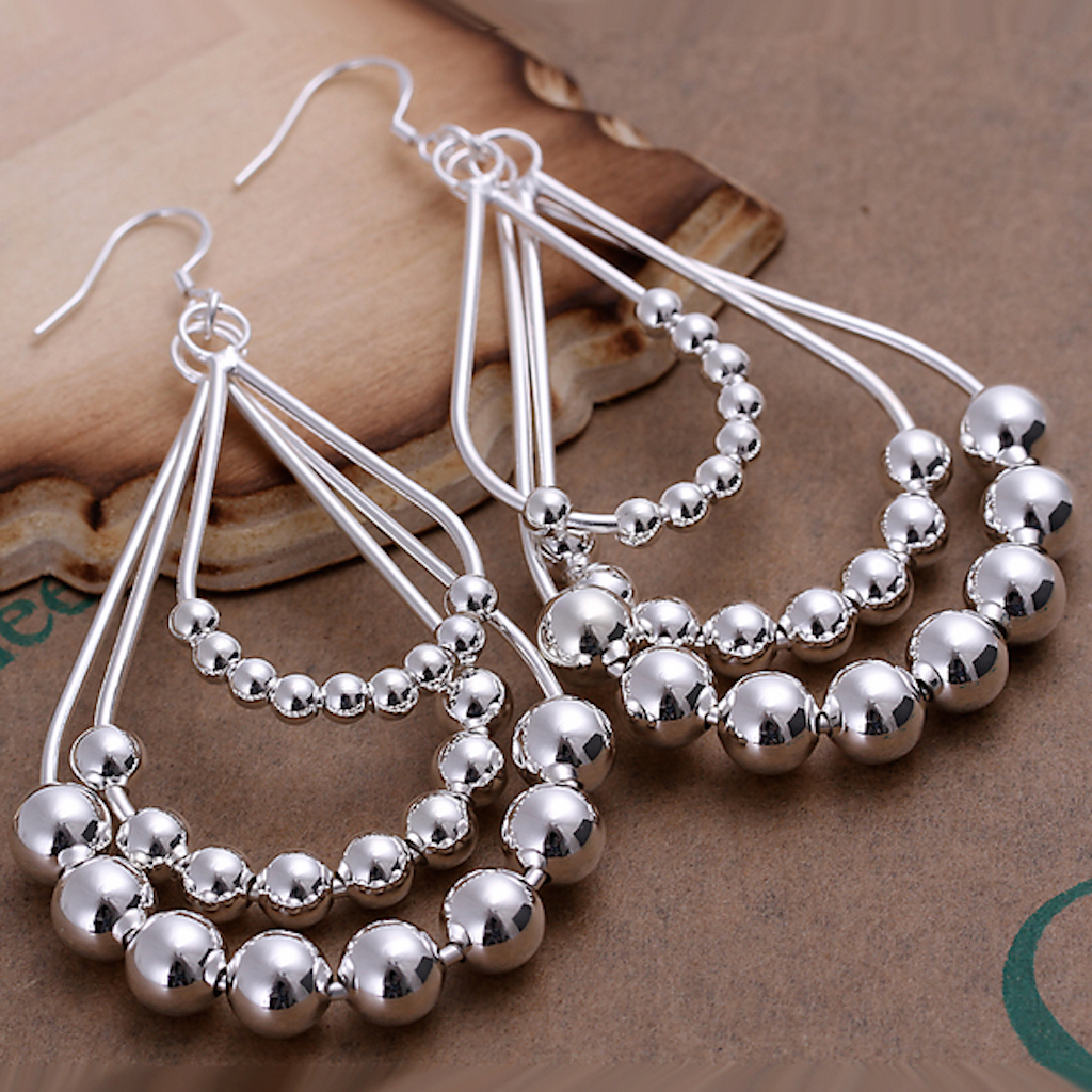 925 Sterling Silver Chandelier Beads Bali Hoop Pierced Earrings L154