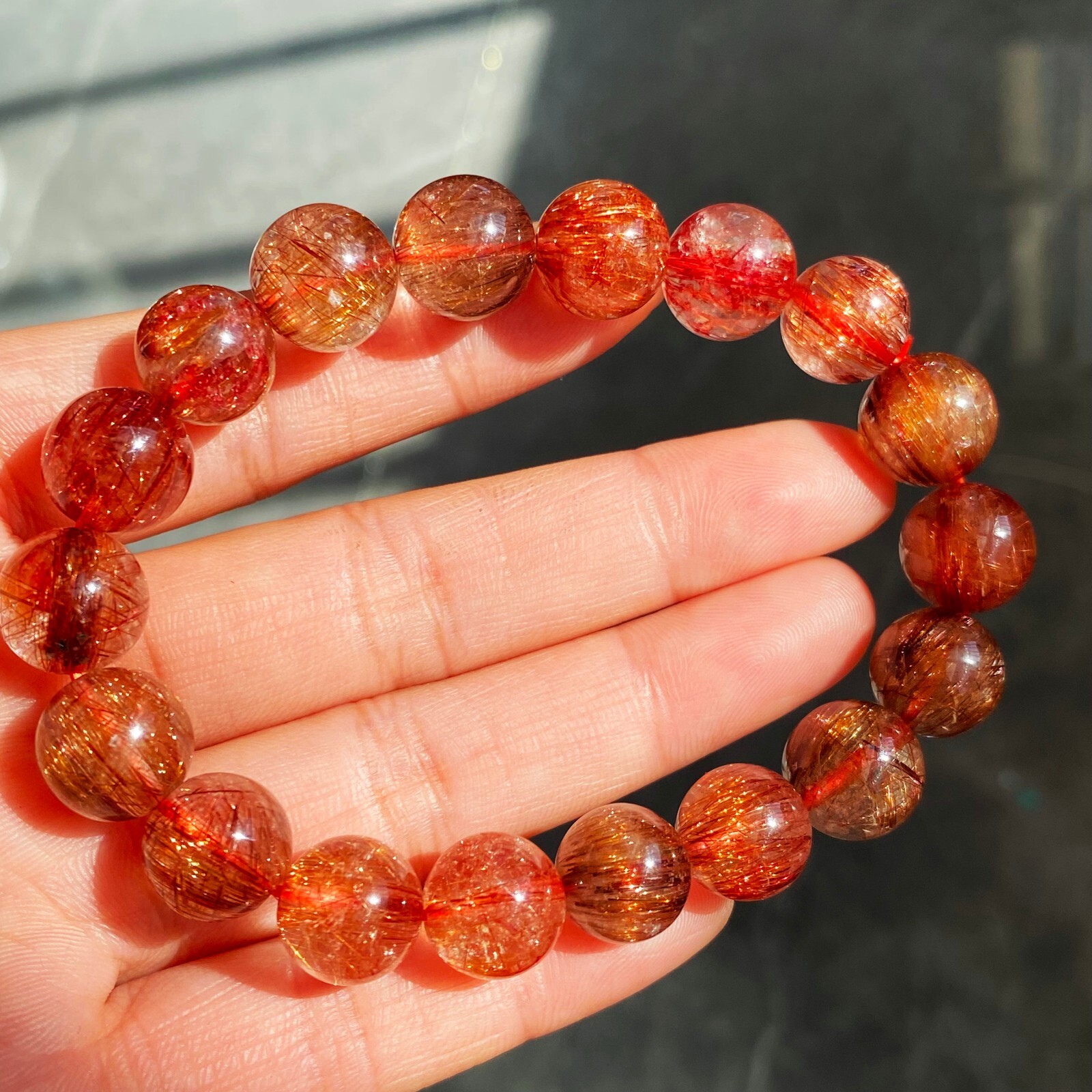 10.7-11.3mm Natural Copper Rutilated Quartz Crystal Stretch Beads Bracelet 17