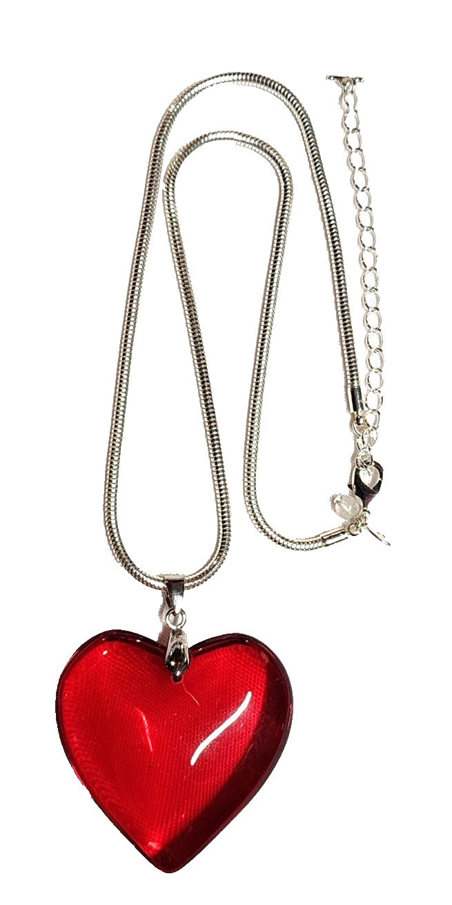 Large Red Heart Love Silver Tone Pendant Necklace Y2K Style Statement 20″ Retro