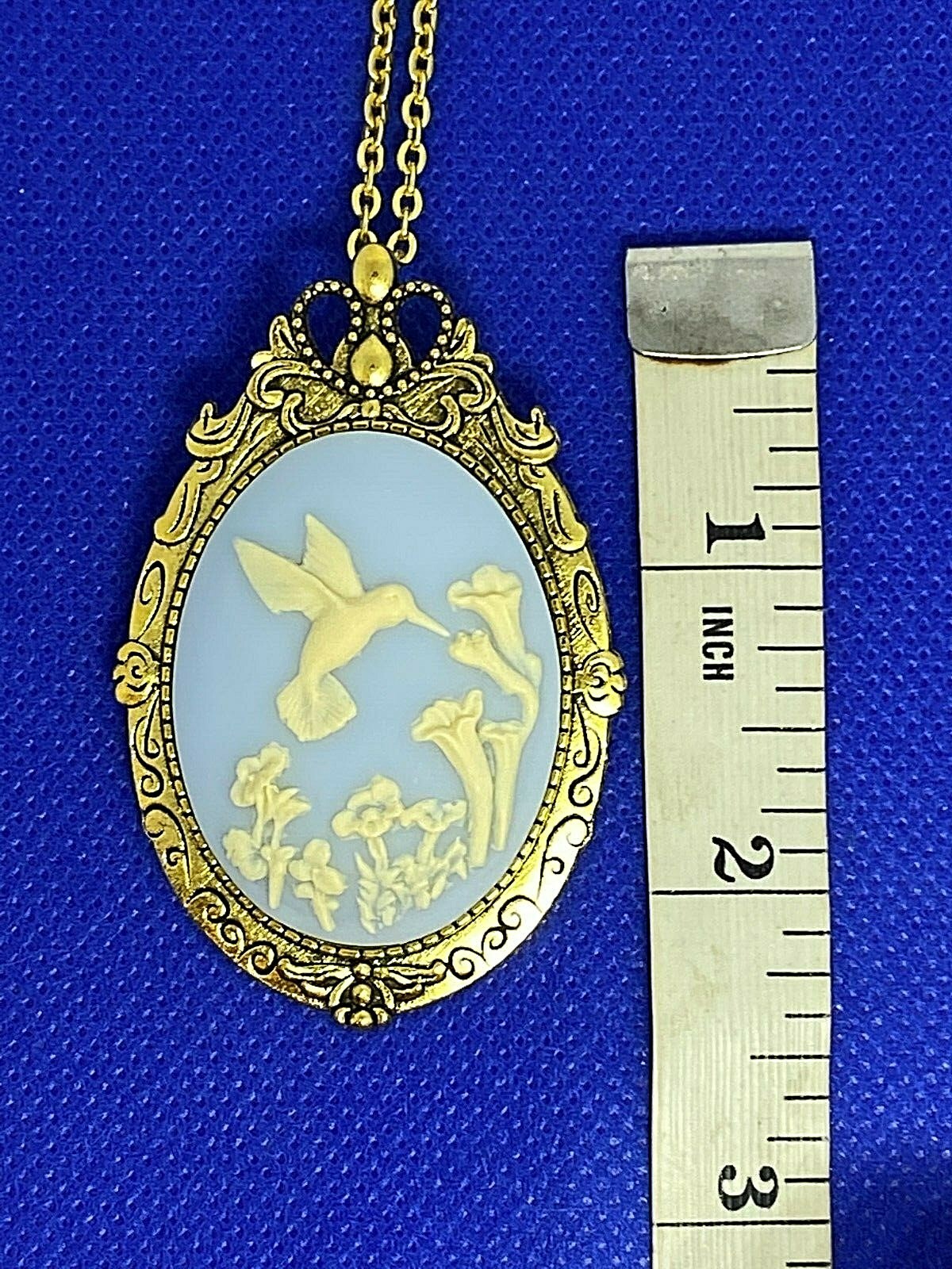 Hummingbird White Blue Cameo Gold Pendant Necklace Brooch Mom VALENTINES Gift