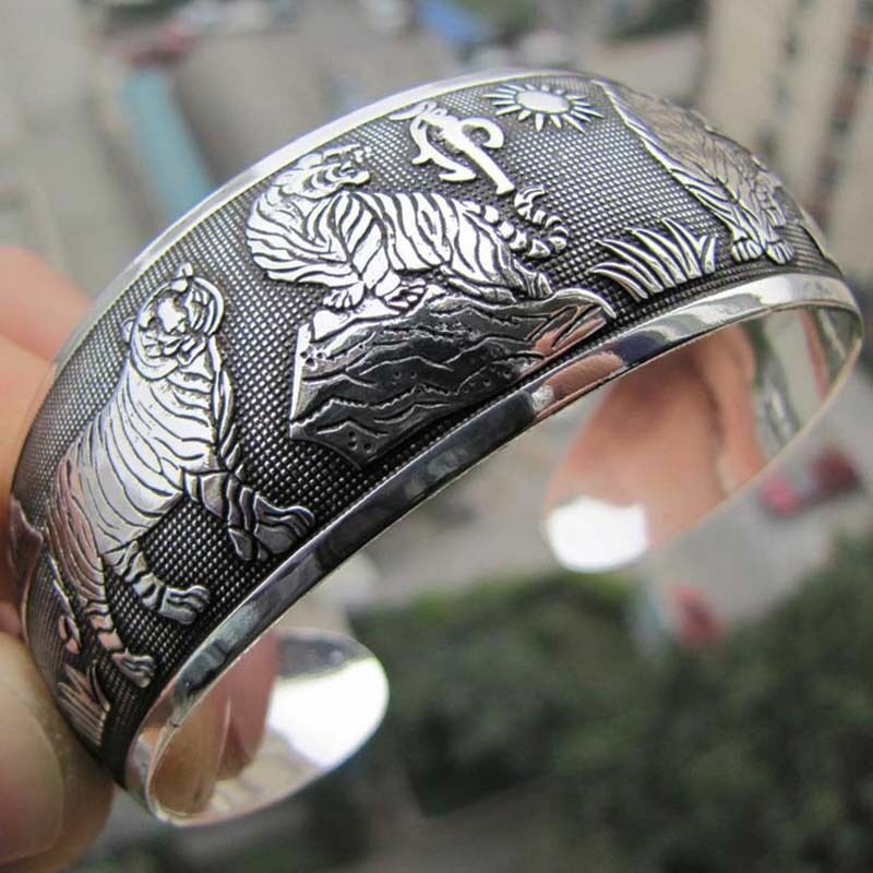 925 Sterling Silver Vintage Style Tibetan Tibet Bracelet Bangle One Size Fit All