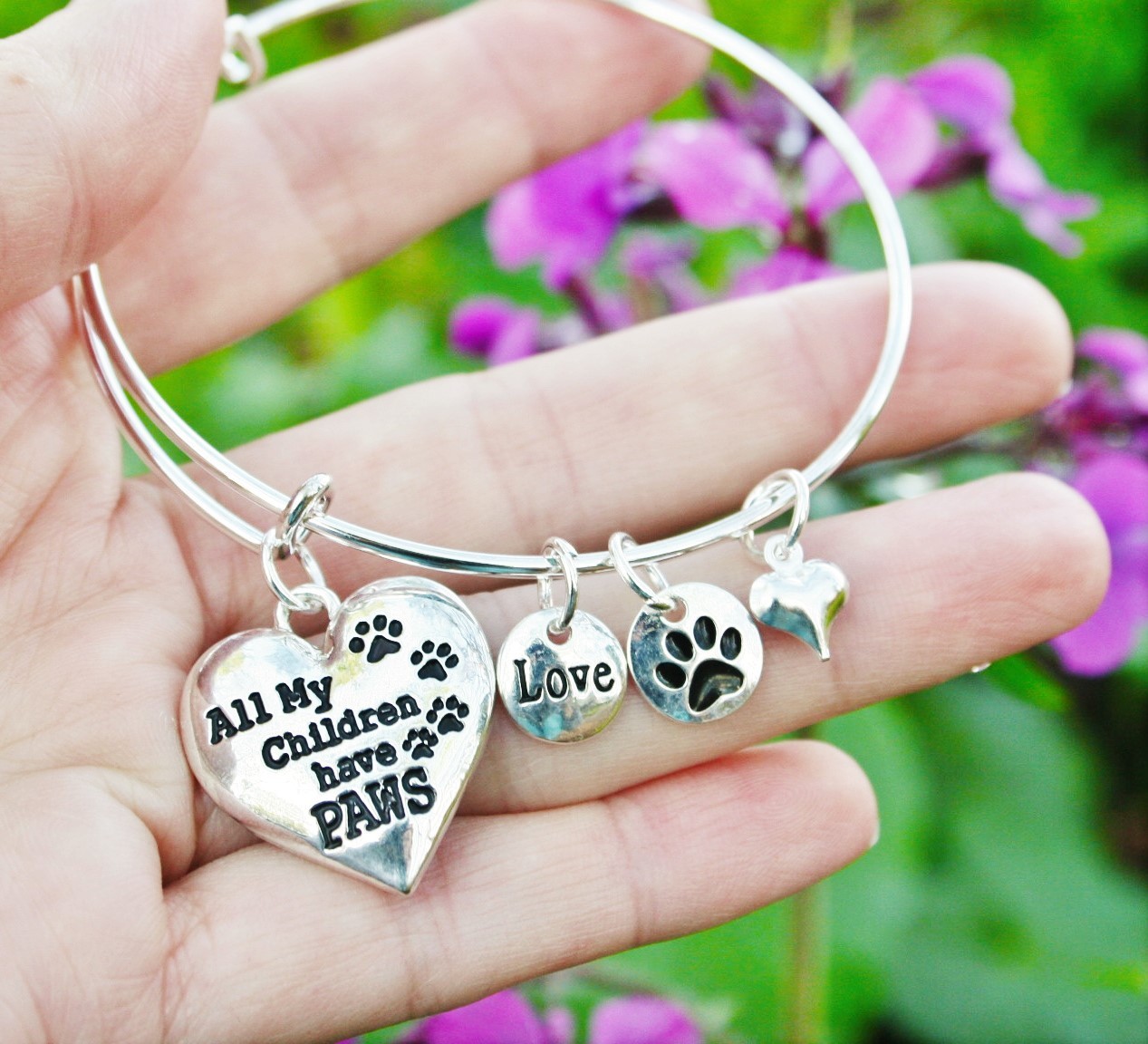 Pet Mom Expandable Wire Bangle Bracelet Paw Print Sterling Silver Plt Dog Cat