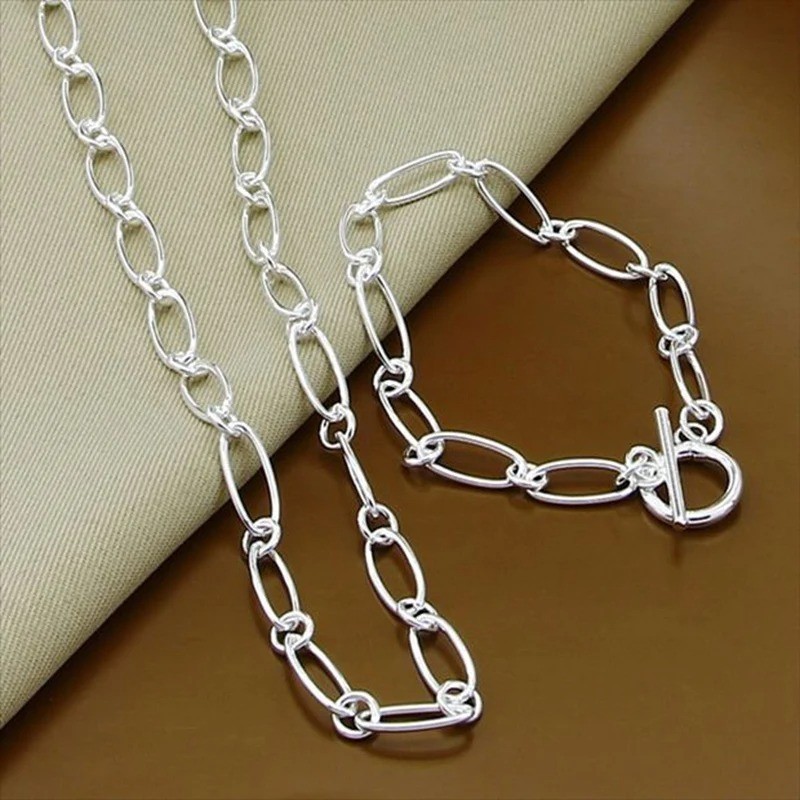 925 Sterling Silver Simple Chain Necklace Bracelet Set Women Wedding Jewelry