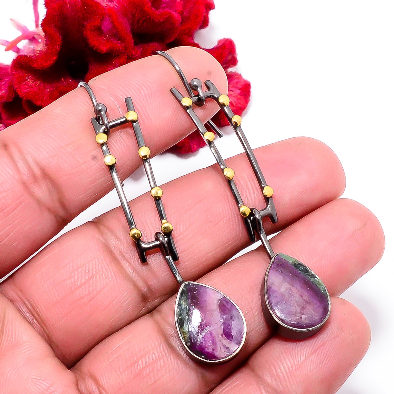 Ruby With Zoisite 925 Sterling Silver Gold Rhodium Earring 2.42 Sk15, Christmas