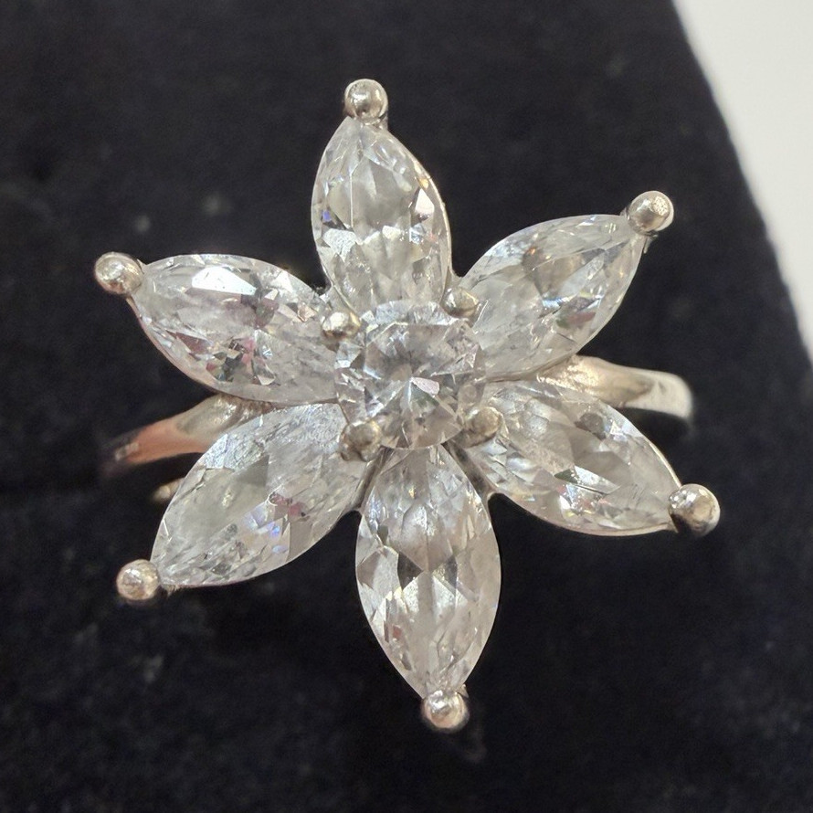 925 Sterling Silver CZ Flower Cluster Cocktail Ring Size 6.75 Prong Set