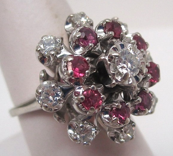 14k White Gold Diamond and Ruby Cluster Ring with Appraisal Size 7 0.96ct TW