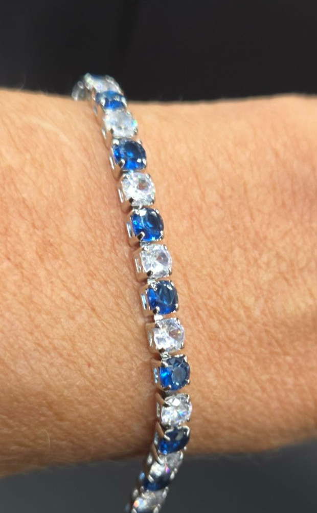 Alternating Blue & Clear Round Cut Stainless Steel Sapphire Tennis Bracelet New